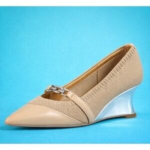 Beige Pointed-Toe Wedges with Silver Heel Accent